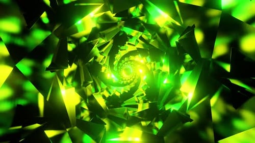 Spiral green geometric swirl with shining highlights 3d render. Journey through time vortex vj