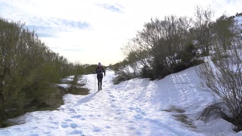 Woman Hiking Snowy Mountain Trail in Winter