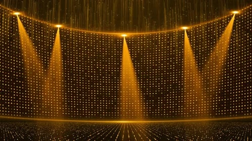 Golden Stage Background with Moving Spotlights and Particles