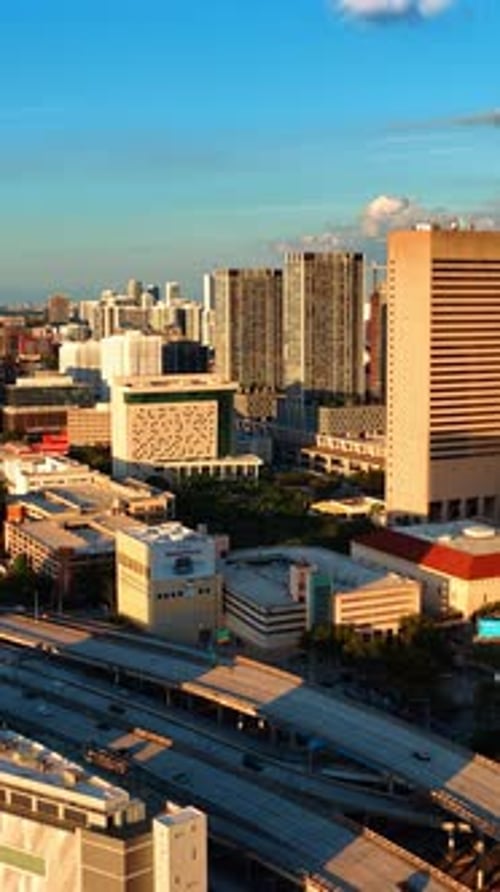 Drone footage above the busy road in the downtown of Miami, Florida, USA.