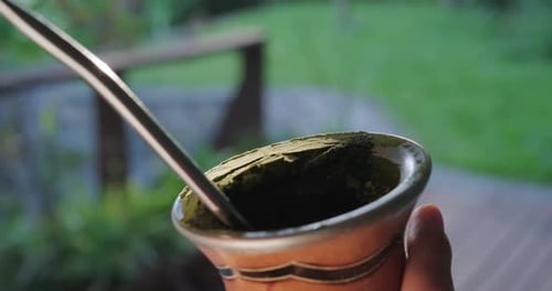 Woman drinks mate, details. Young caucasian woman drinks mate or chimarrao from traditional gourd at