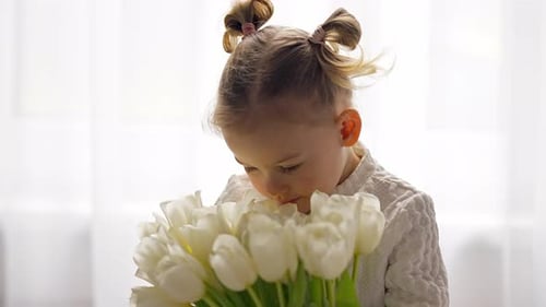 Cute Girl with Tulips in Window Light