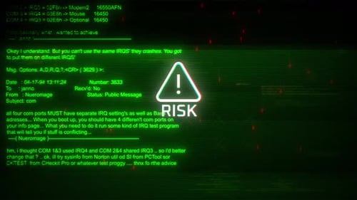 Risikowarnungen, Bildschirmbewegung auf abstraktem technischem Hintergrund, grüne Farbe