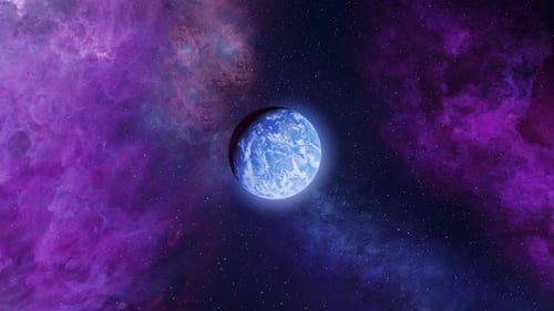 Rotating Blue Planet in Nebula with Stars