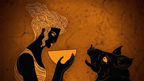 Circé transformant un argonaute en cochon dans le style d'un vase grec ancien