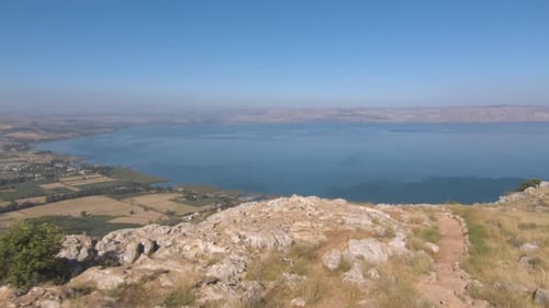 Epic aerial wide shot of beautiful Kinneret, Isreal