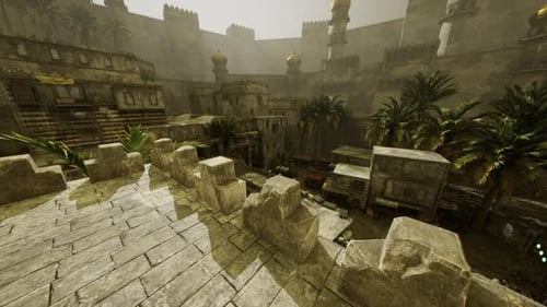 Ancient Cityscape with Palm Trees and Historical Architecture at Dusk