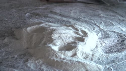 Slow motion shot of a batch of freshly made dough thrown onto a flowered worktop