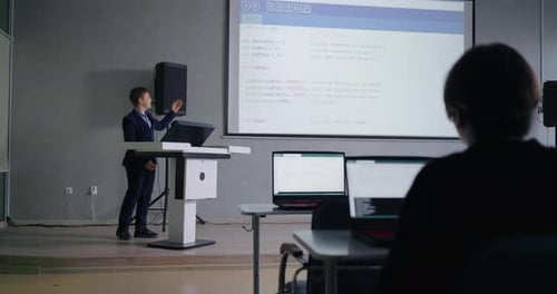 Education In School For Programmers Schoolboy Speaking In Classroom Presenting Project Portrait