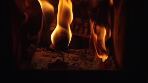 Warm Fireplace Flames Burning Log at Night