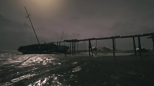 Derelict Ship Near an Abandoned Pier During a Cloudy Day with Fog