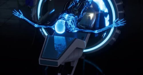 Futuristisches Design mit glühender Skelettfigur in einer High-Tech-Umgebung