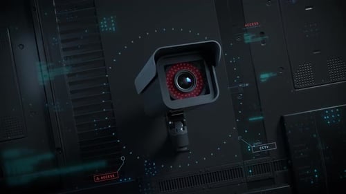 Animated Futuristic Security Camera with Digital HUD Elements