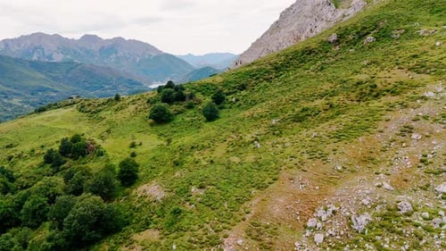 Grass, bushes and moss grows on the slope of the mountain. Drone footage above the rocky landscape.