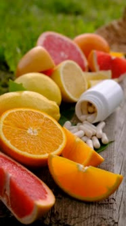 Fresh Citrus Fruits and Vitamin Supplements on Wood