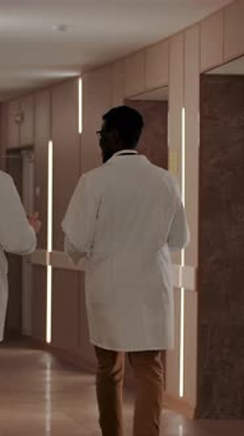 Vertical of Multiracial Doctors Talking in Hospital Hall