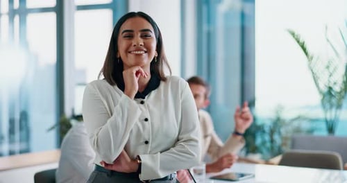 Boardroom, leadership and smile with face of business woman in office for meeting or workshop