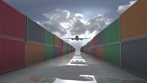Airplane Flying Over Shipping Containers Global Logistics Loop
