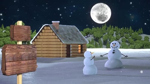 Snowy Night Animation with Snowmen and Cozy Cabin Under Full Moon
