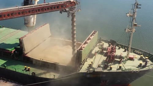 Aerial of Wheat Loading to Bulker Ship Cargo Hold at Sea Grain Elevator in Sea Port Wheat Shipment