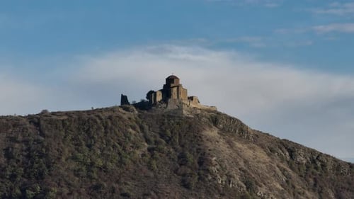 Aerial view on ancient Jvari monastery in Mtskheta, Georgia 2022