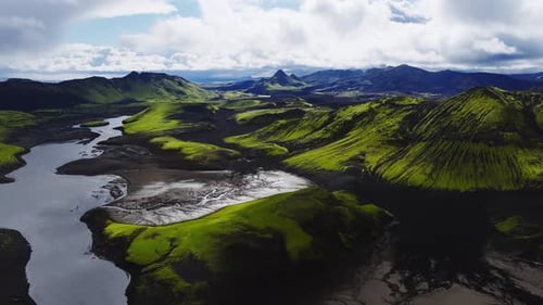 Aerial Drone Pan Over Iceland Volcanic Highlands and Rivers