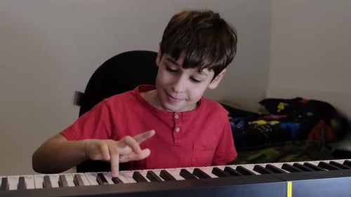 A Child Practices on a Keyboard Piano at Home Making Animated Gestures with His Hands This Frame