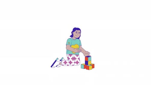 Niña feliz construyendo una torre con bloques, animación de personajes en 2D