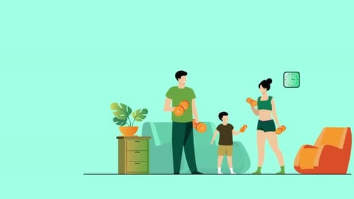 Animated Family Exercising with Dumbbells at Home Flat Design