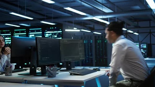 Colleagues Working at Desks in Server Room
