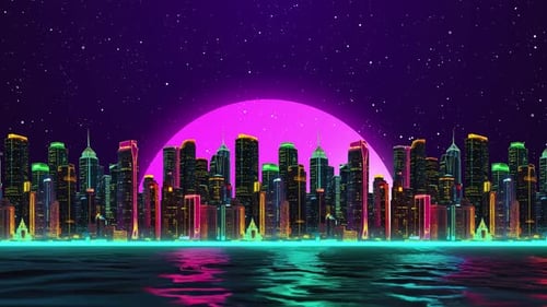 Beautiful Retro City Animation. Colorful Neo Water Wave. Retro Wave Neon City Background