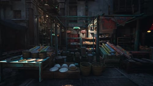 Urban Night Market with Colorful Lights and Reflective Puddles