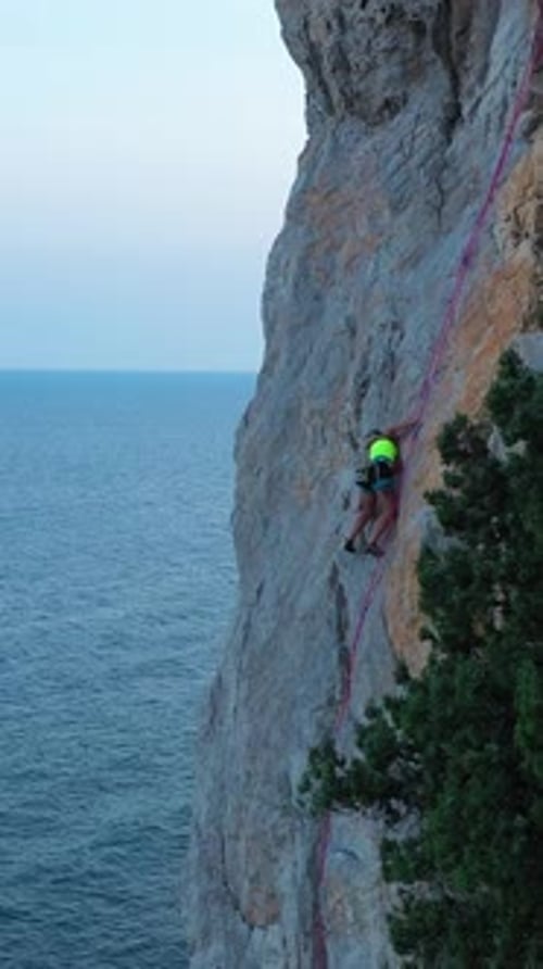Woman Climber Rock Climbing Crimea Russia Aerial View Vertical Video