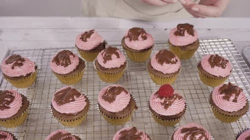 Decorating Cupcakes with Raspberries and Chocolate Drizzle