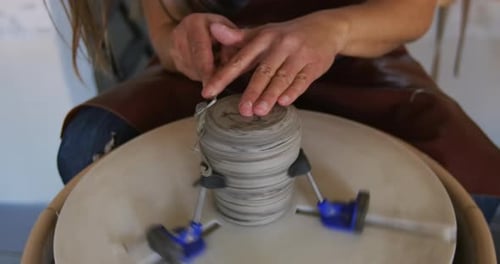 Creative Woman Working in Shop Making Pottery. Small Shop Owner Adults