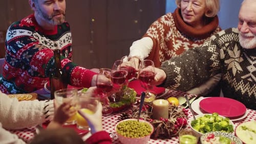 Family Celebrates Holiday Meal with Toasts