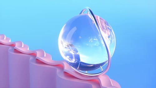 Abstract glass sphere reflecting a serene sky moving on pink wave steps