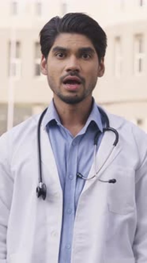 Surprised Young Doctor Gesturing Outdoors