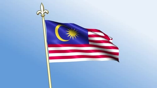 Malaysia National Flag Waving in Wind Against Blue Sky Background