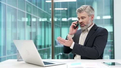 Angry mature businessman arguing talking on mobile phone sitting at workplace in office. Excited