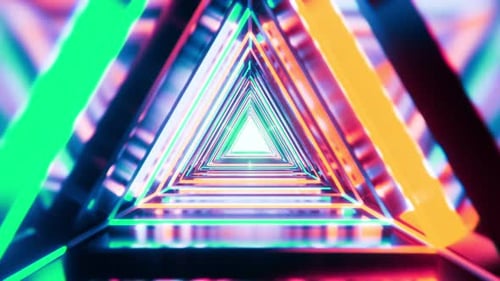 Science fiction triangle tunnel with neon lights. Abstract cyclic background