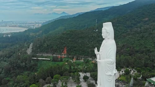 Aerial view drone Chua Linh Ung Bai But Temple, Lady Buddha Temple in Da Nang