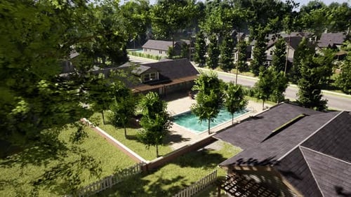Aerial View of Suburban Neighborhood with Houses and Swimming Pool