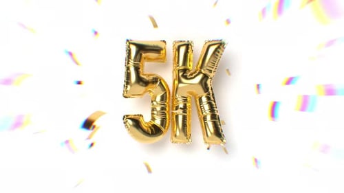 5k Followers Moving Gold Balloon Text and Falling Soft Focus Confetti With Aberration Effect.