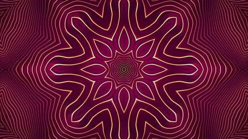 Hypnotic glowing mandala pattern with luminous orange neon lines on deep magenta background