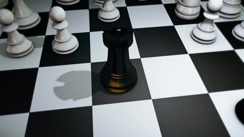 Animated 3D Black Rook Chess Piece Moves on Chessboard