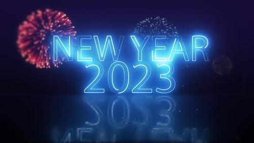 New Year 2023 Glowing Neon Title with Fireworks