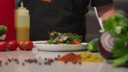 Cook Carefully Using Special Tongs in the Restaurant Kitchen Adds Tomatoes to a Salad of Various