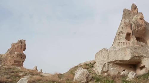 Panoramic View on Sight in Cappadocia Caves in Sandy Stone Hills Mountains