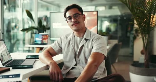 Face, office and man with smile, confidence or opportunity as web designer for digital agency